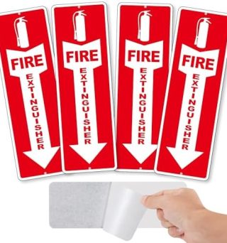 (4 Pack) Fire Extinguisher Signs – Strong Self Adhesive Fire Extinguisher Sign for Business, 12x4 Inch Aluminum Fire Extinguisher Signs Weather Resistant and Easy to Install (Red)