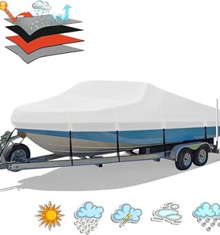 Heavy Duty 1200D PU Waterproof Boat Cover, 17'- 19' Trailerable Marine Grade Polyester Canvas, Fits 17-19ft V-Hull, Tri-Hull, Fishing Boat, Runabout, Pro-Style Bass Boat with Tightening Strap